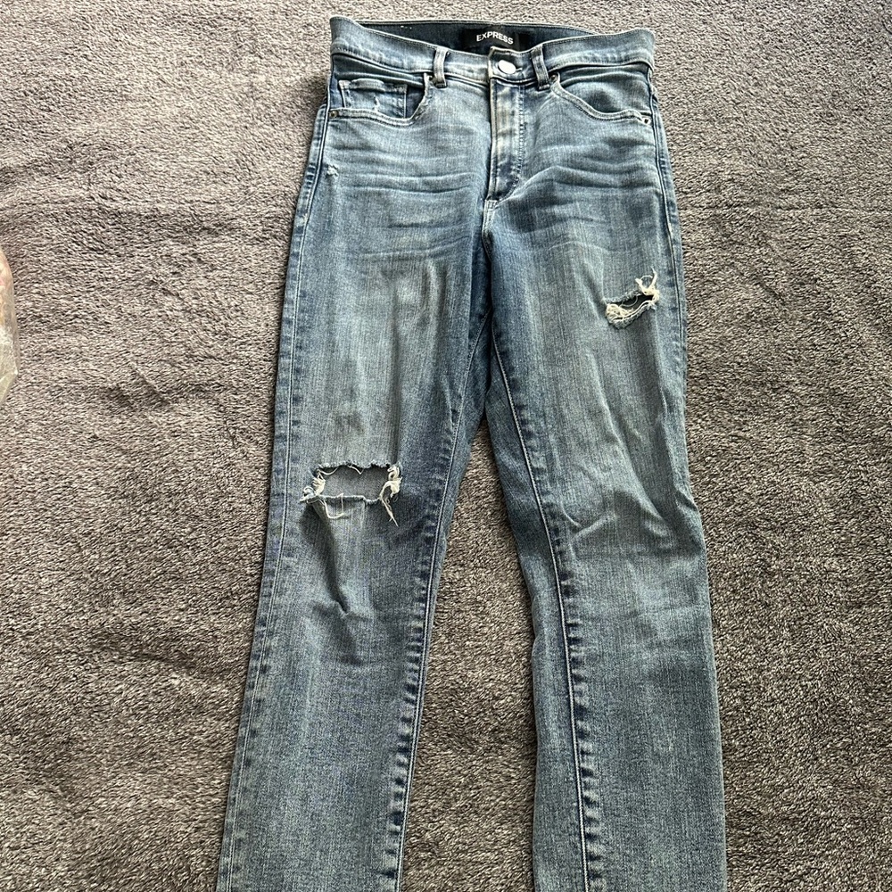 Express Blue skinny Leg Jeans with Distressed Details